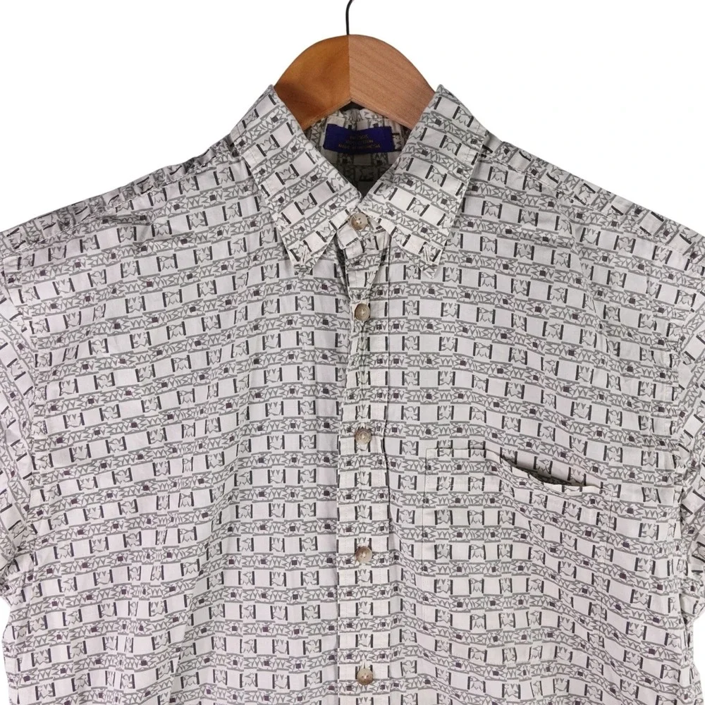 Pendleton Mens Short Sleeve Cotton Button Down Shirt Geometric Print Grey M